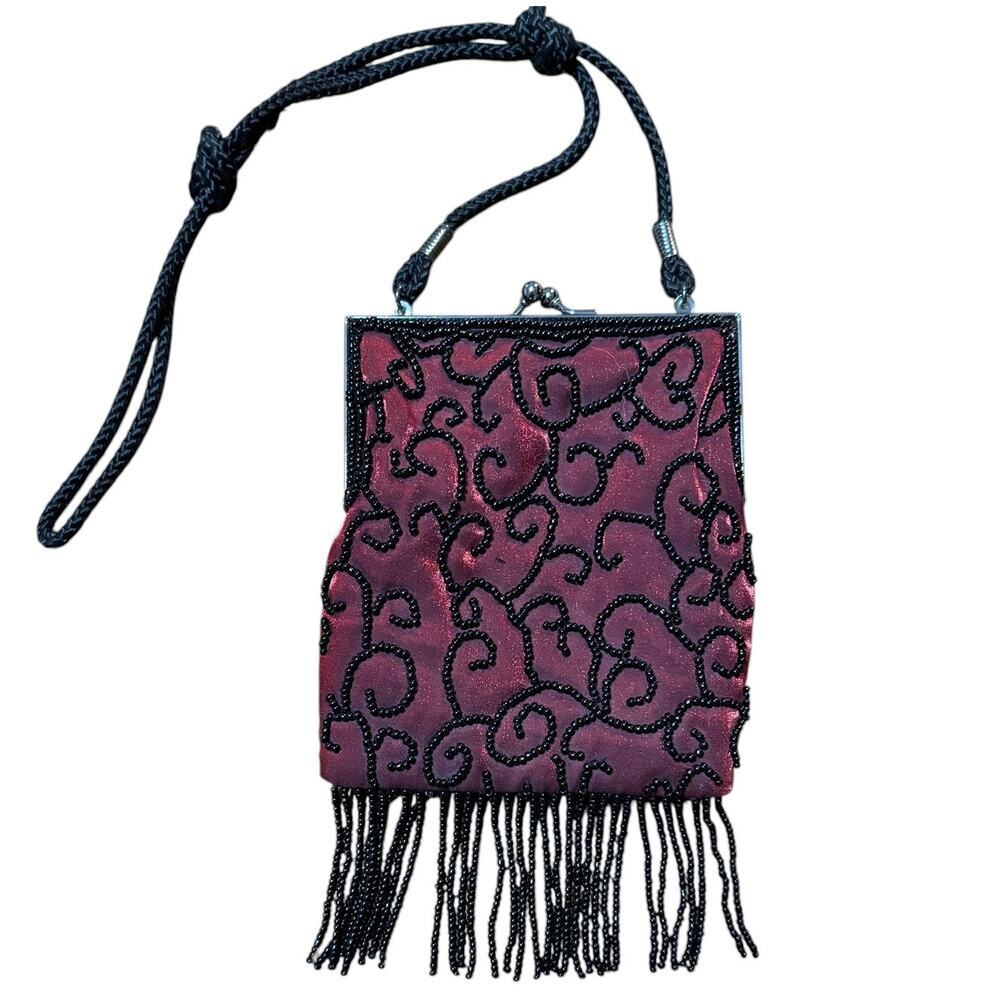 Vintage Lancome Red Black Beaded Clutch Bag